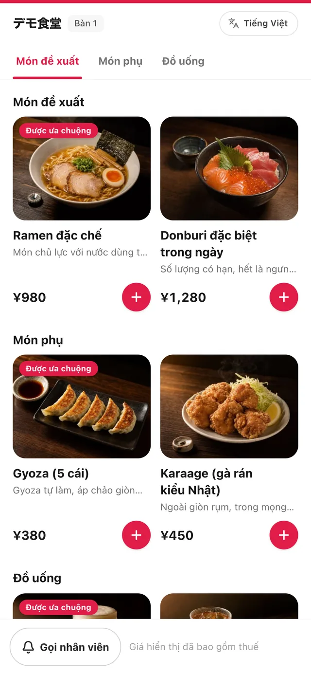 Màn hình gọi món trên điện thoại. Menu kèm ảnh xếp thành hai cột, phía trên hiển thị các danh mục
